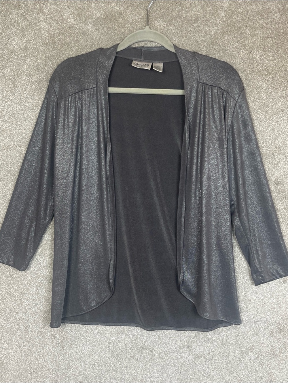 Chico's Travelers Cardigan Womens 0 Gray Metallic Stretch 3/4 Sleeve- 5316